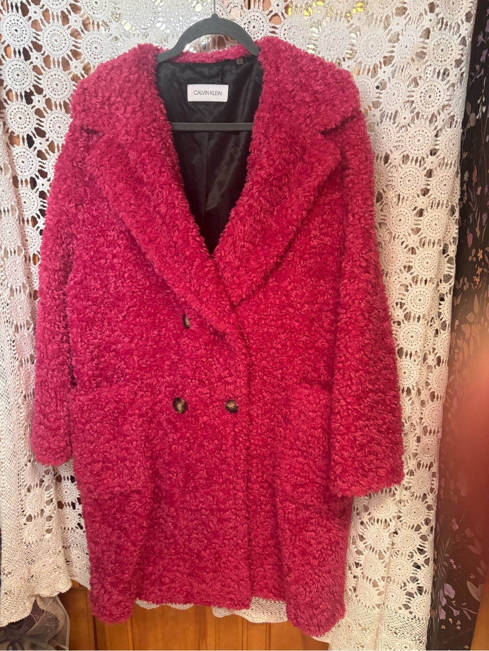 Calvin Klein Women's Red Bouclé Double-Breasted Coat
